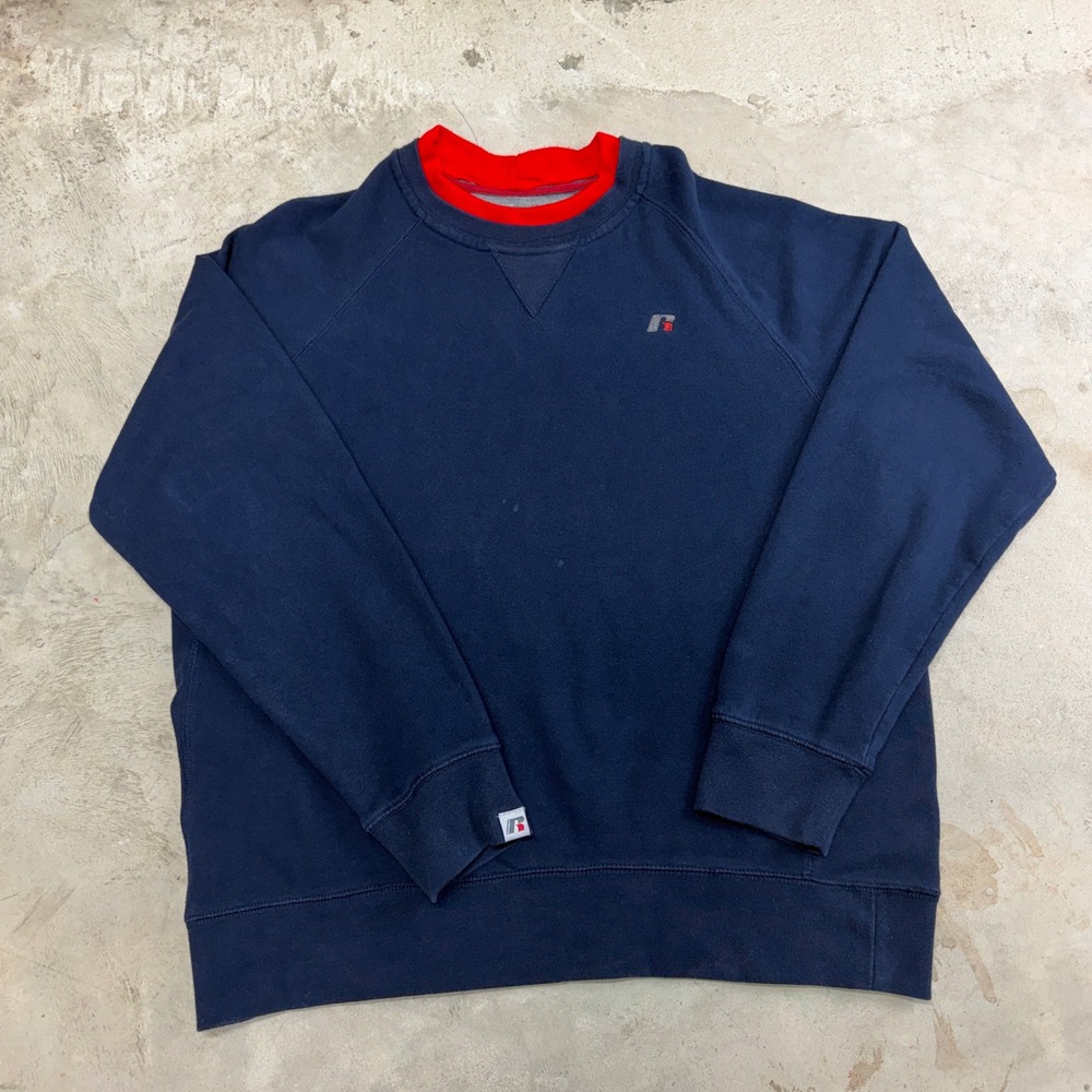 Russell‎ Athletic Mens Crewneck Sweatshirt Navy Blue Red Collar Premium Fleece L